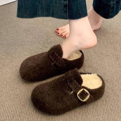 爆款厚底一脚蹬勃肯鞋子包头半拖鞋女冬季外穿加绒2025新款棉拖鞋
