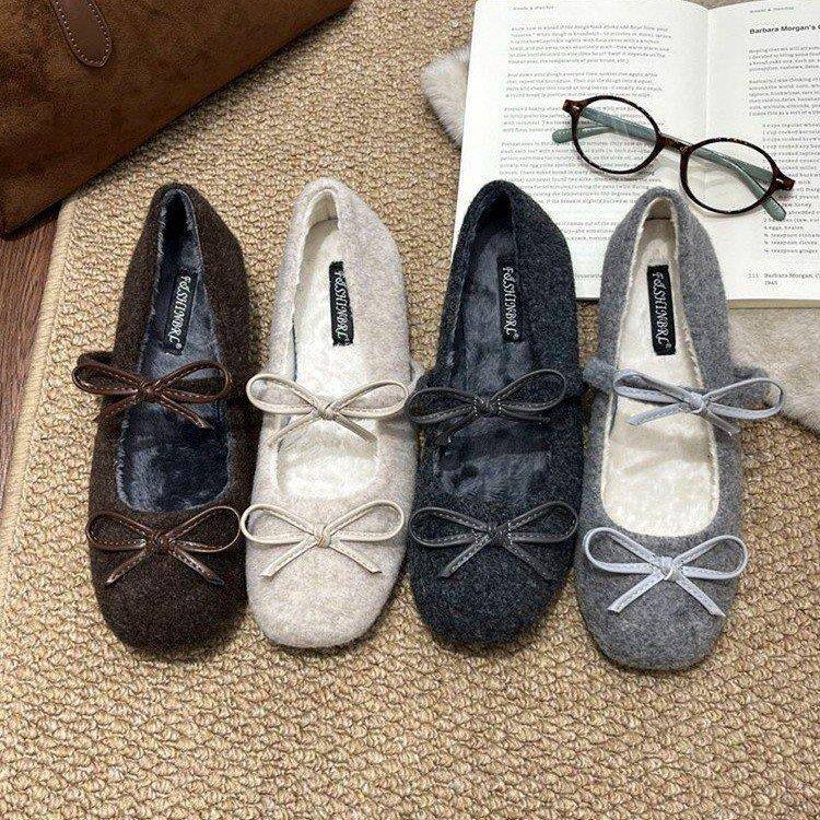 蝴蝶结毛毛鞋女外穿2025新款冬季呢子加绒棉鞋厚底保暖玛丽珍女鞋