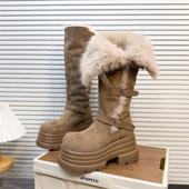 韩版 东北翻领大毛毛鞋 两穿厚底显瘦小个子9cm长筒骑士靴雪地棉靴
