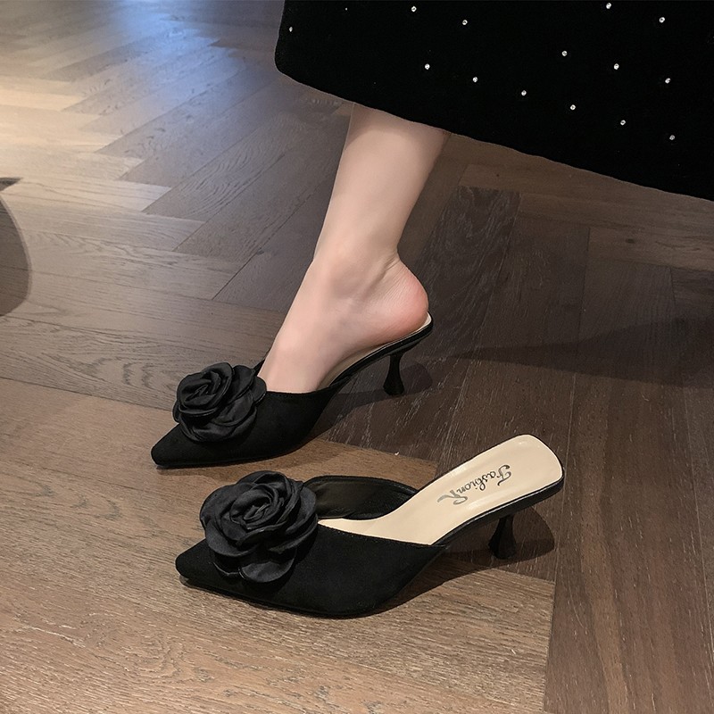 新款外穿尖头细跟法式包头半拖鞋