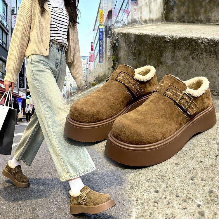 厚底加绒勃肯鞋女保暖雪地靴2025新款冬季一脚蹬乐福鞋低帮棉鞋子