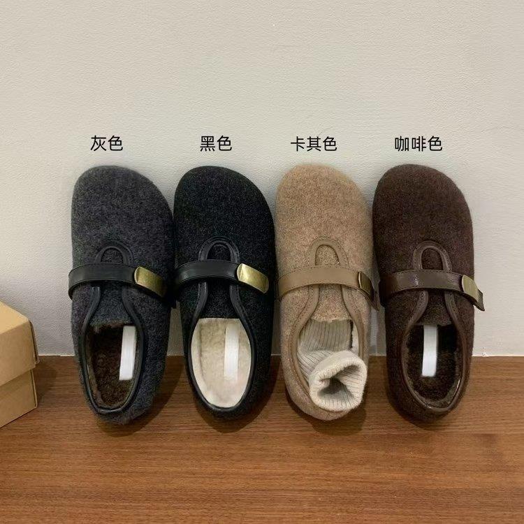 法式复古百搭毛呢毛毛鞋女2025秋冬新款时尚魔术贴平底玛丽珍单鞋