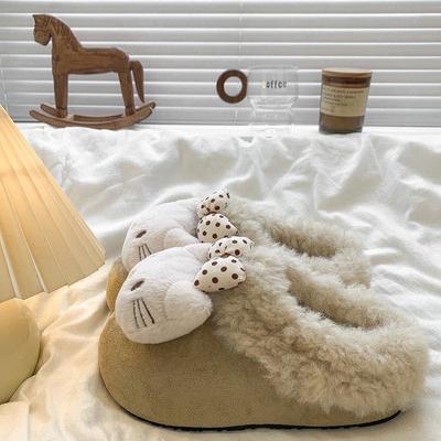 可爱卡通蝴蝶结勃肯鞋女2025冬季新款厚底增高加绒包头毛毛棉拖鞋