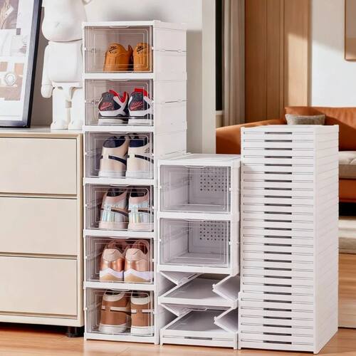 Integrated Folding Shoe Storage Box with Compartments for In