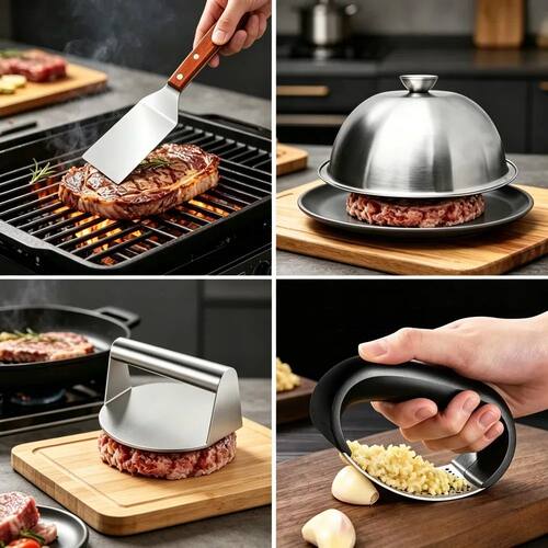 4Pcs Kitchen Accessories, Burger Press, Cake Spatula, Lid &