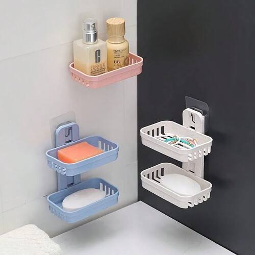 2 Sets of Beige+pink Double-layer Soap Holders, Non Marking