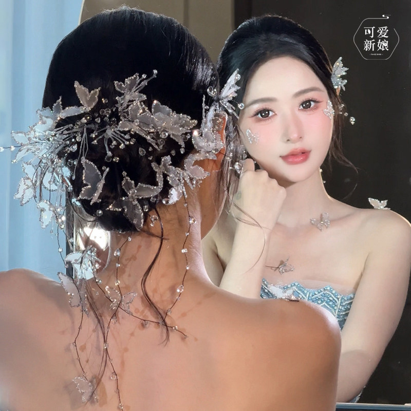 新娘仙女蝴蝶发饰甜美精致蝴蝶后压韩式公主婚纱礼服高级感头饰