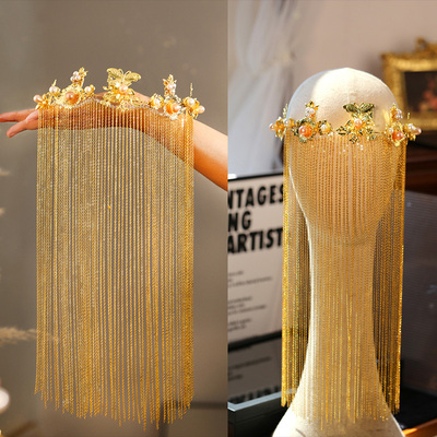 新娘中式高级大气金色汉服面帘