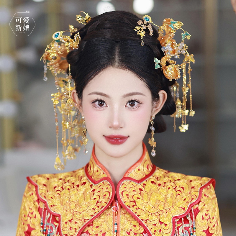 新中式新娘头饰超仙金色流苏