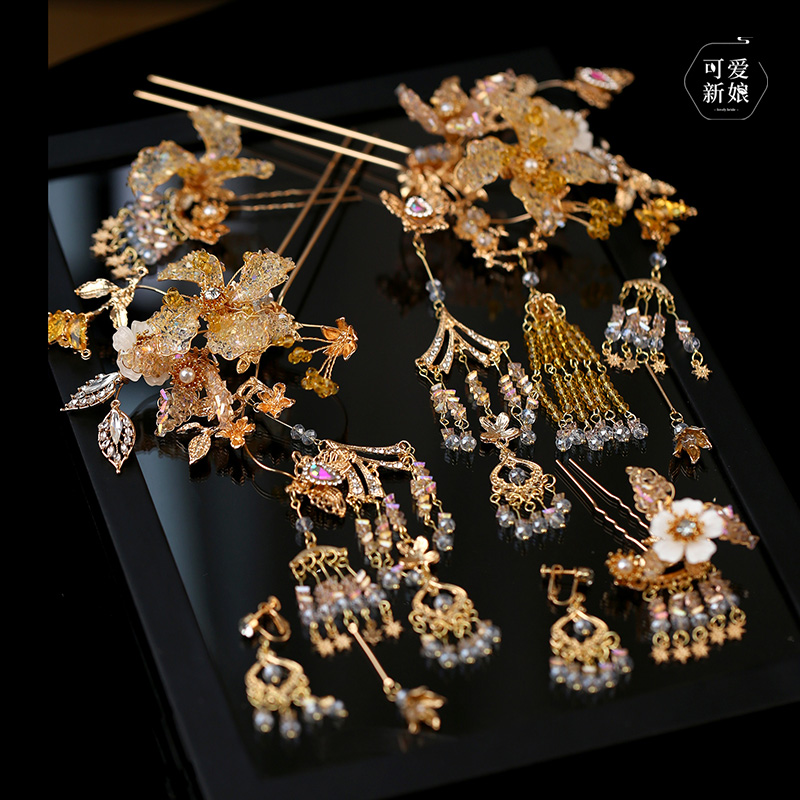 中式超仙大气浅金色新娘秀禾头饰