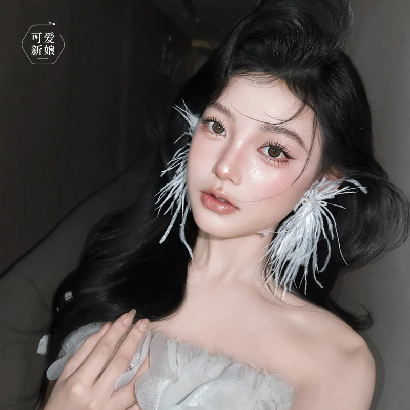 高级感婚纱耳环森系灵动羽毛公主耳饰白纱晚礼服精致甜美造型配饰