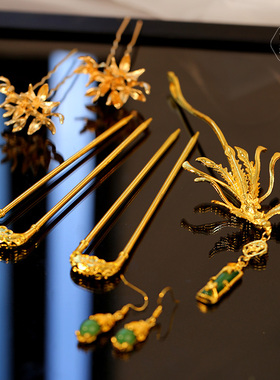 新娘中式头饰金绿色简约精致龙凤褂凤簪古风发饰结婚秀禾旗袍配饰