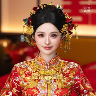 秀禾服新娘中式头饰大气重工红蓝绒花发簪古典龙凤褂晨袍造型发饰