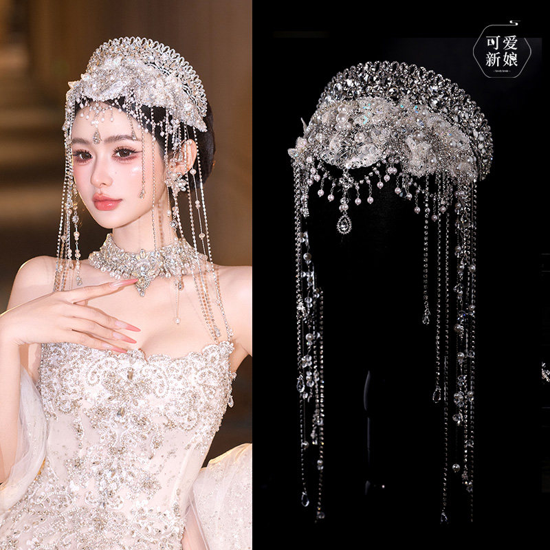 新娘高级感水晶流苏纱帽结婚公主风手工串珠水钻婚纱礼服造型头饰