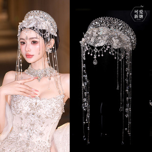 新娘高级感水晶流苏纱帽结婚公主风手工串珠水钻婚纱礼服造型头饰