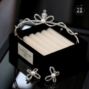 高级感新娘头饰法式复古珍珠皇冠耳环套装结婚礼服主婚纱简约配饰