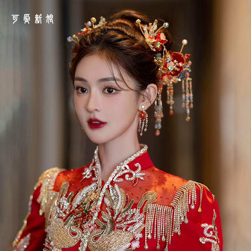 紅色秀禾頭飾2025新款中式高級花朵古風(fēng)大氣秀禾服龍鳳褂新娘發(fā)飾