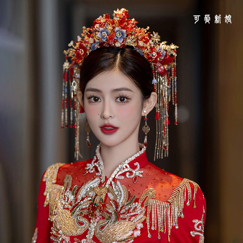 新娘秀禾头饰2025新款中式红色琉璃花朵龙凤褂发饰古典高级感凤冠
