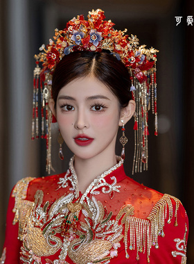 新娘秀禾头饰2025新款中式红色琉璃花朵龙凤褂发饰古典高级感凤冠