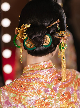 中式龙凤褂重工头饰金绿色精致发梳花朵发簪古典新娘秀禾高级配饰