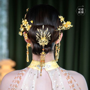 龙凤褂新娘头饰金色简约大气凤凰花朵发簪中式秀禾晨袍高级感发饰
