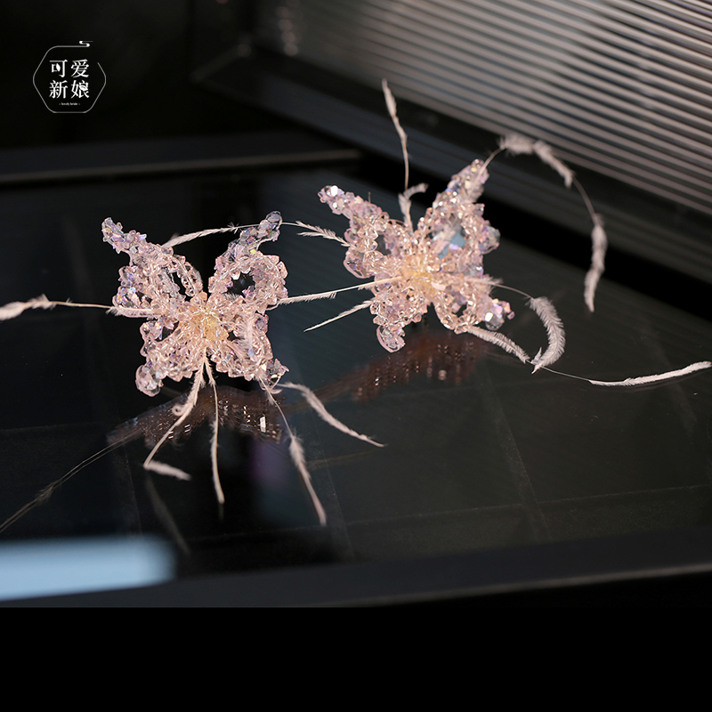 甜美灵动新娘粉色耳环森系羽毛精致水晶耳饰结婚礼服婚纱高级配饰