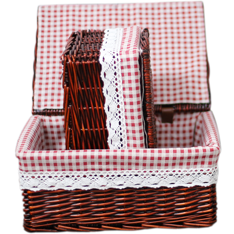 六月生藤编长方形桌面收纳盒零食筐田园风杂物收纳筐柳编大号有盖