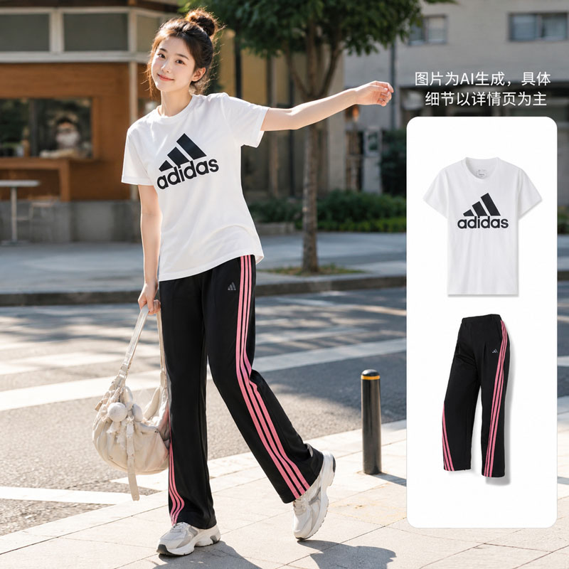【自营】Adidas阿迪达斯套装女装时尚透气T恤短袖宽松运动长裤