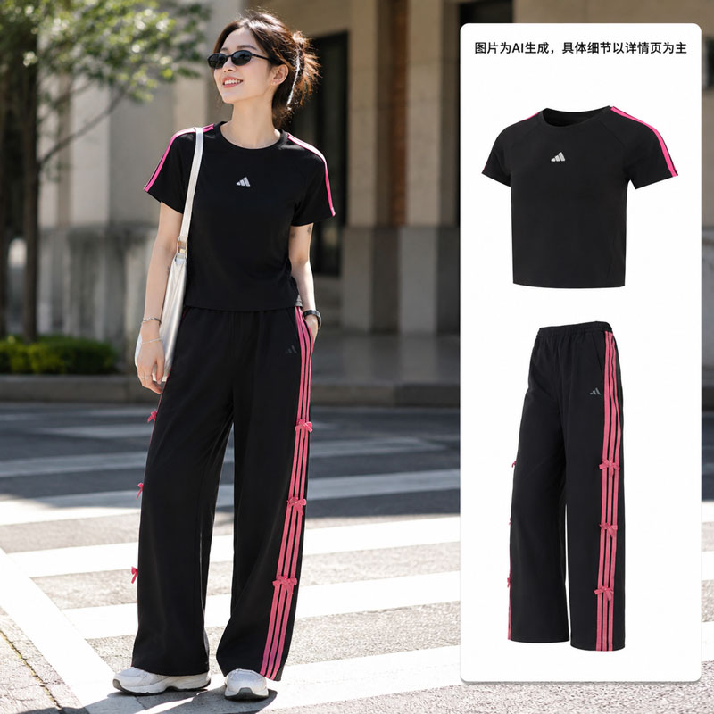 【自营】Adidas阿迪达斯套装女装舒适简约T恤短袖休闲梭织长裤