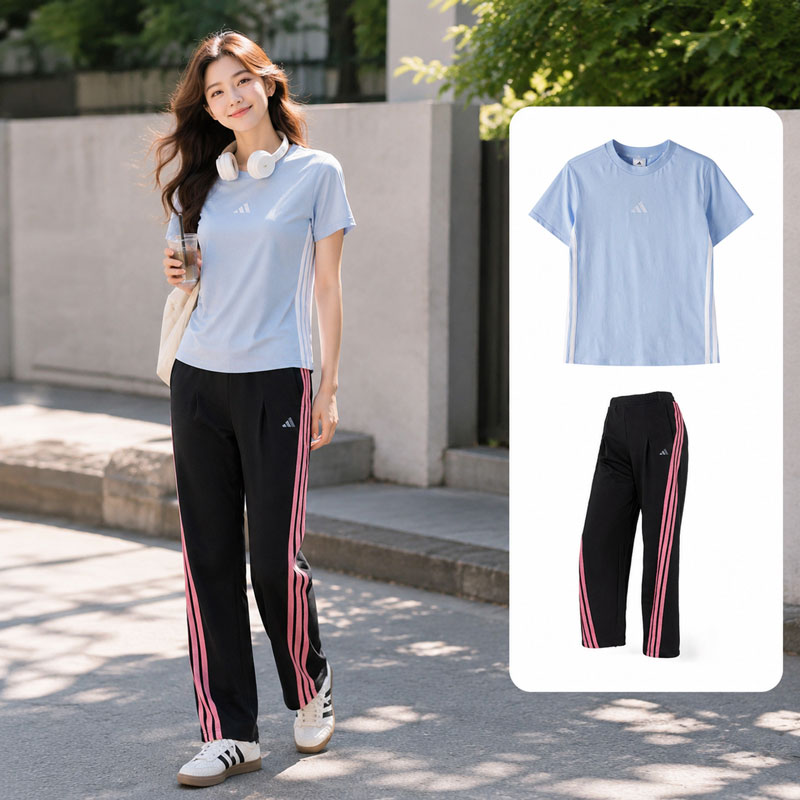 【自营】Adidas阿迪达斯套装女装简约圆领T恤休闲两件套运动长裤