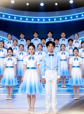 中小学生大合唱演出服儿童爱国蓝色男女童演讲朗诵比赛团体服装新