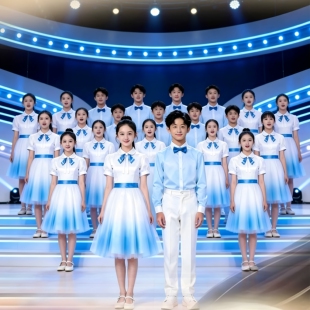 中小学生大合唱演出服儿童爱国蓝色男女童演讲朗诵比赛团体服装新