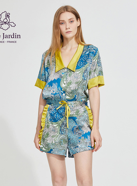 soie jardin3#宁芙蓝女蚕丝外穿短袖短裤家居服睡衣印花真丝套装