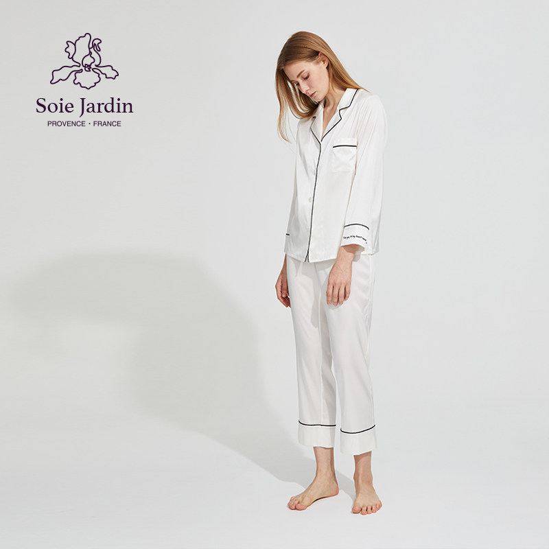 soie jardin0#情诗经典法式桑蚕丝袖口刺绣春秋女丝绸家居服套装