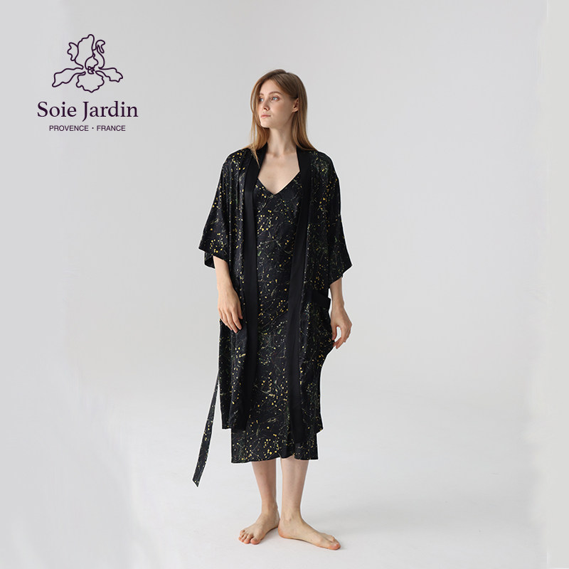 soie jardin3#黑石真丝睡袍浴袍晨袍英国进口深色印花过膝长袍