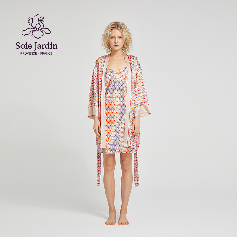 soie jardin3#LOVER爱心元素女士印花浪漫粉色桑蚕丝真丝短睡袍