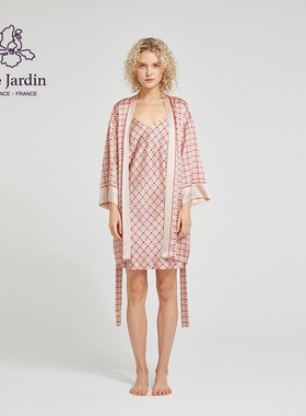 soie jardin3#LOVER爱心元素女士印花浪漫粉色桑蚕丝真丝短睡袍