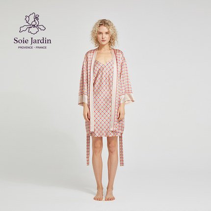 soie jardin3#LOVER爱心元素女士印花浪漫粉色桑蚕丝真丝短睡袍