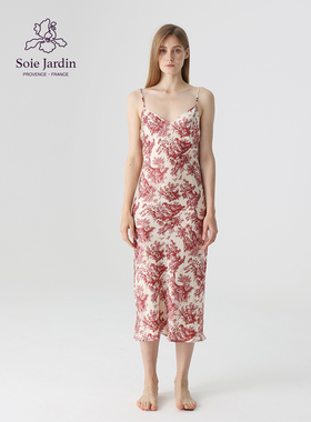 soie jardin3#晚红真丝秋桑蚕丝V领吊带裙原创印花家居斜裁睡裙