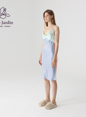 soie jardin3#彩色条纹拼色真丝女荡领个性出街真丝吊带裙睡裙