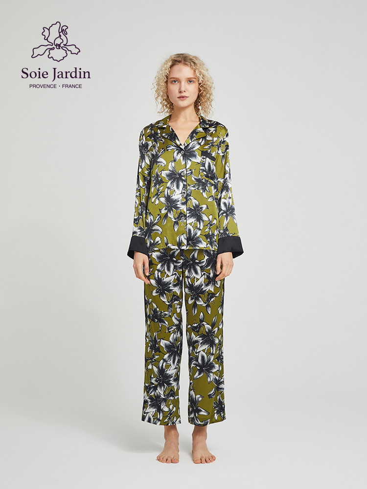 soie jardin3#黑百合桑蚕丝印花长袖阔腿开衩睡衣套装出街家居服