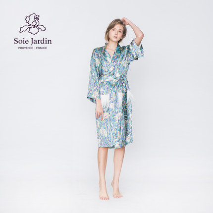 soie jardin3#梵高桑蚕丝印花拼鸵鸟毛长睡袍丝绸家居过膝浴袍