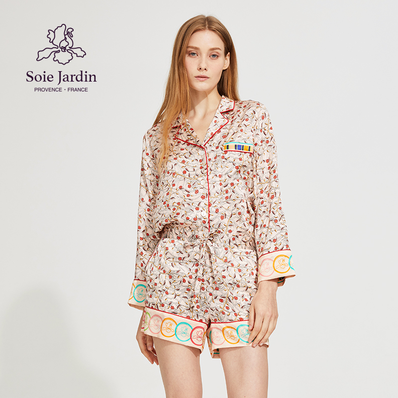 藤蔓玫瑰印花桑蚕丝套装家居服