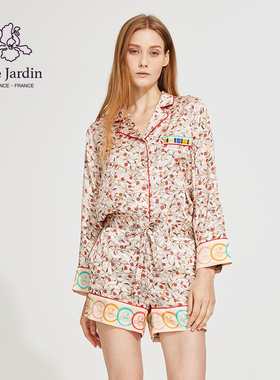 soie jardin3#藤蔓玫瑰真丝印花女三件套桑蚕丝绸家居服睡衣套装