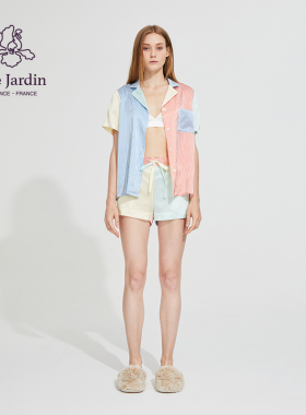 soie jardin3#彩色条纹真丝睡衣两件套短袖短裤印花拼接家居服