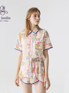 soie jardin3#长相思真丝双绉印花短袖家居服别致撞色镶边三件套