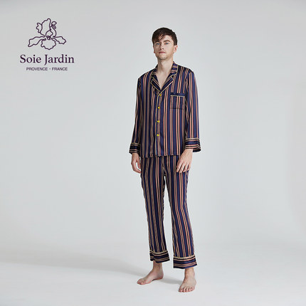 soie jardin3#泰坦桑蚕丝印花条纹睡衣长袖长裤真丝绸家居服套装