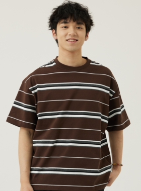 AGITOMADE夏季日系情侣百搭宽松休闲纯棉圆领320g重磅条纹短袖t恤