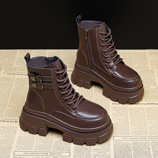 厚底粗跟马丁靴女2025秋冬新款 英伦风复古短靴内增高9cm加绒靴子