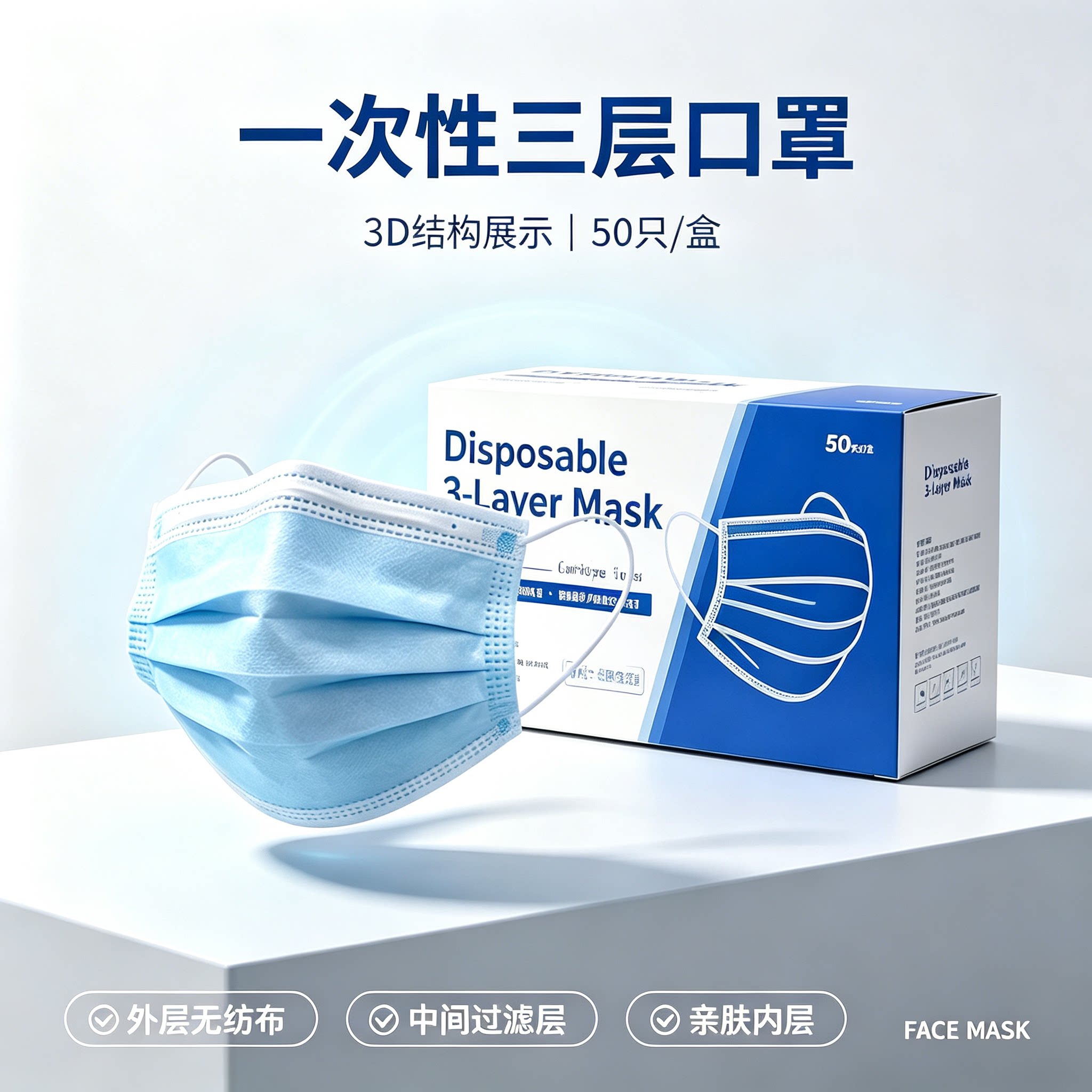 一次性口罩三层face mask出口外贸跨境包装独立包装出口厂家直销